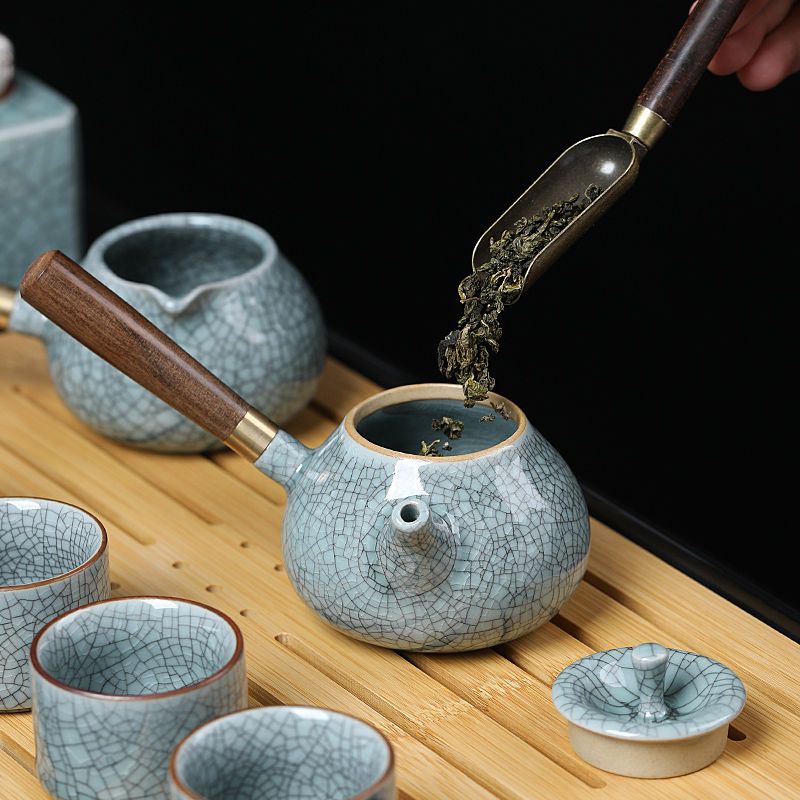 Gey Kiln Teaware Set Home Kung Fu Tea Cup Tureen Office Reception Tea Making Device Side Handle Teapot Ceramic Tea Jar