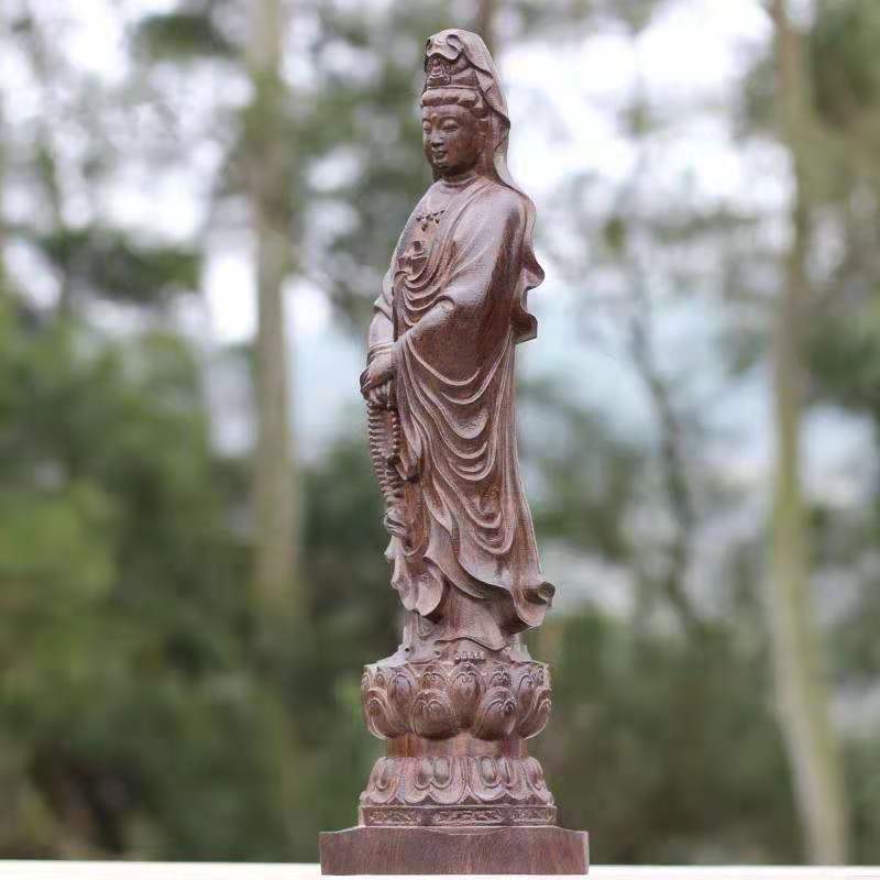Blackwood Wood Carving Handheld Beads Guanyin Ornaments Solid Wood Buddha Statue Carving Wooden Furniture Worship Bodhisattva Gift Crafts