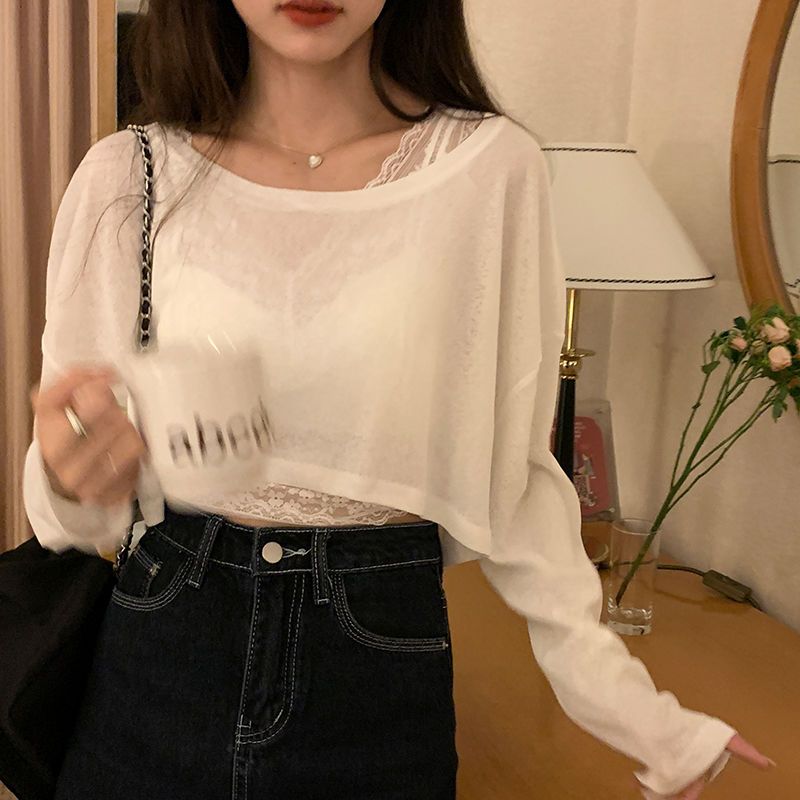 Spicy Girl Simple 3-Color Sun Protection Long Sleeve Korean Sun Protection Loose Short Breathable Thin Top Blouse Salt Sweet Summer