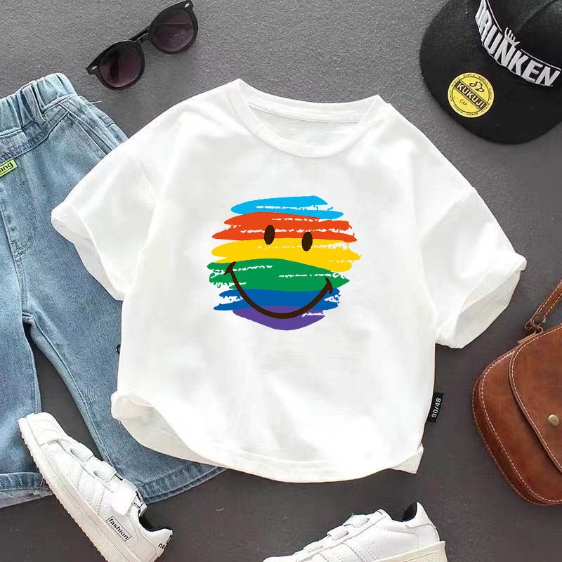 children‘s t-shirt men‘s summer wear 2023 new girls‘ smiley t-shirt cotton short sleeve printed baby half sleeve bottoming shirt