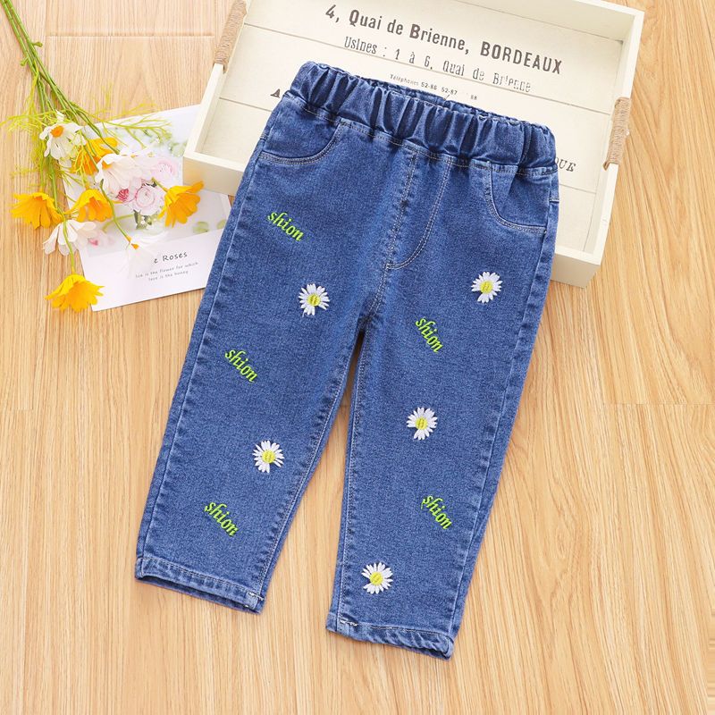 Girls' Jeans Baby Casual Pants Autumn Embroidered Estic Waist Washed Denim Long Cotton Pants Spring Outerwear