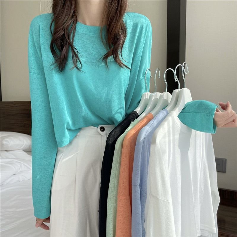 Summer Ice Silk Long Sleeve Thin Loose Hot Girl Sun Protection Blouse Sweater Women's Short White Top Air Conditioning Shirt