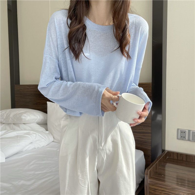 Summer Ice Silk Long Sleeve Thin Loose Hot Girl Sun Protection Blouse Sweater Women's Short White Top Air Conditioning Shirt