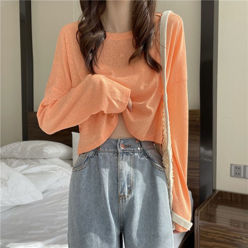 Summer Ice Silk Long Sleeve Thin Loose Hot Girl Sun Protection Blouse Sweater Women's Short White Top Air Conditioning Shirt