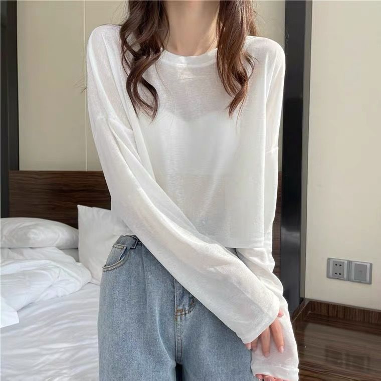 Summer Ice Silk Long Sleeve Thin Loose Hot Girl Sun Protection Blouse Sweater Women's Short White Top Air Conditioning Shirt