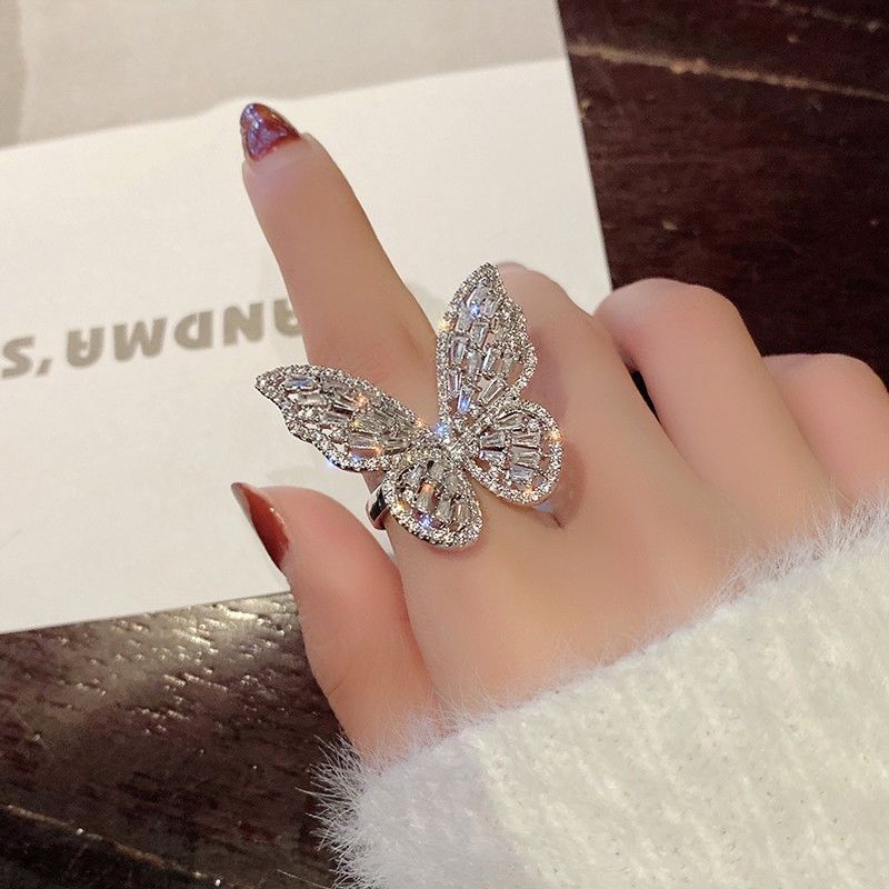 high-end luxury diamond crystal butterfly open index finger ring ins trendy korean style internet celebrity normcore style ring women