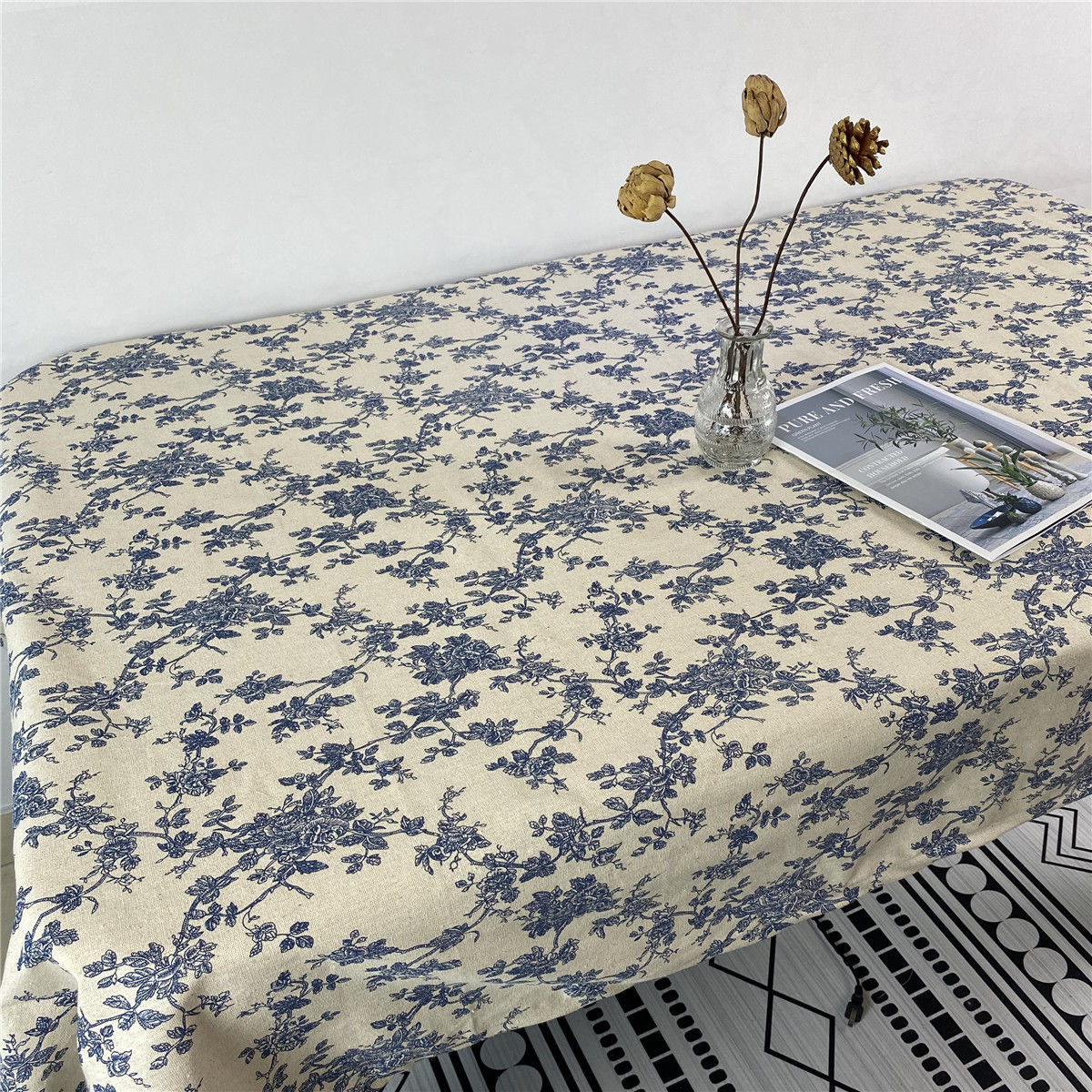 korean style retro blue floral tablecloth ins style niche rose picnic blanket photograph background cloth cotton linen coffee table cloth