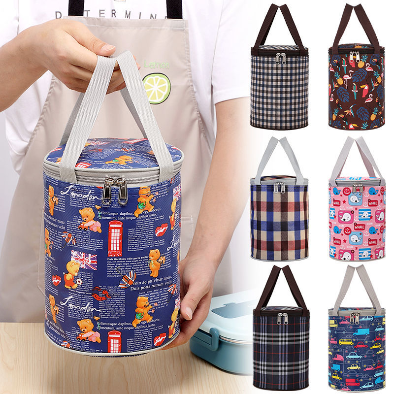 round tote lunch box insulation bag thick aluminum foil large capacity with meal rice bucket bag hand carry lunch bag