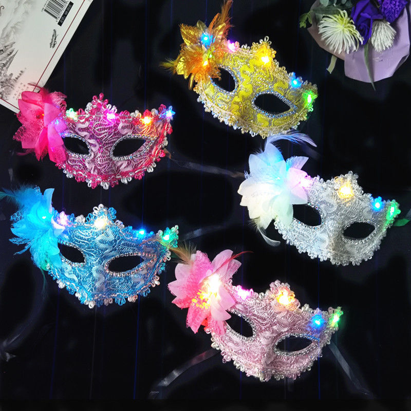 Glowing Feather Cut Flower Mask 3 Gear Flash Mask Christmas New Feather Princess Mask Bar Party Children