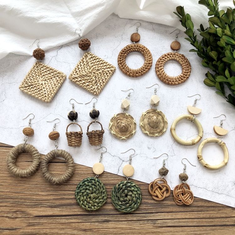 vintage mori style grass rattan woven handmade earrings bohemian vacation style stud earrings female ethnic style summer ear rings