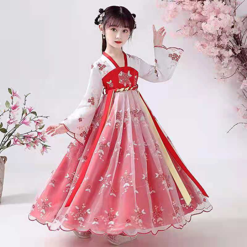 hanfu girls‘ spring and autumn children‘s ancient costume super fairy jacket and dress dress 12-year-old girl cherry blossom princess chinese style