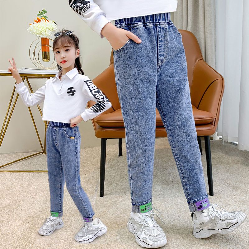 Children's Clothing Girls' Stretch Jeans Spring New Medium and Big Children's Casual Korean Style Trousers Spring and Autumn Loose Children's Pants