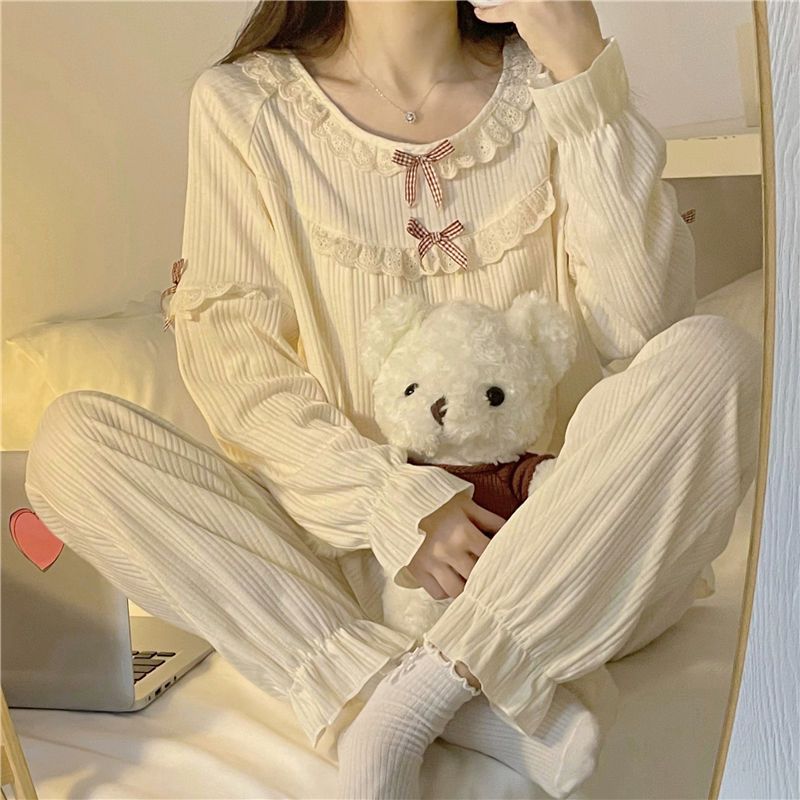 new pajamas women‘s spring and autumn lace long-sleeved ins princess style sweet court home wear two-piece suit autumn and winter