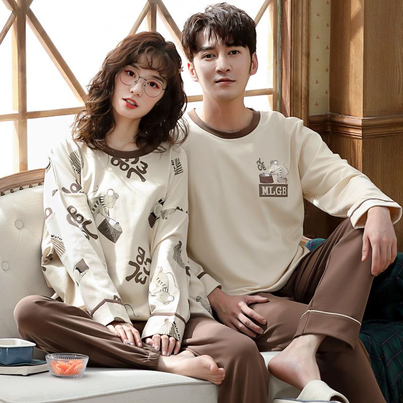 pure cotton couple men‘s spring and autumn pajamas long-sleeve suit winter plus size women‘s summer ke outerwear homewear