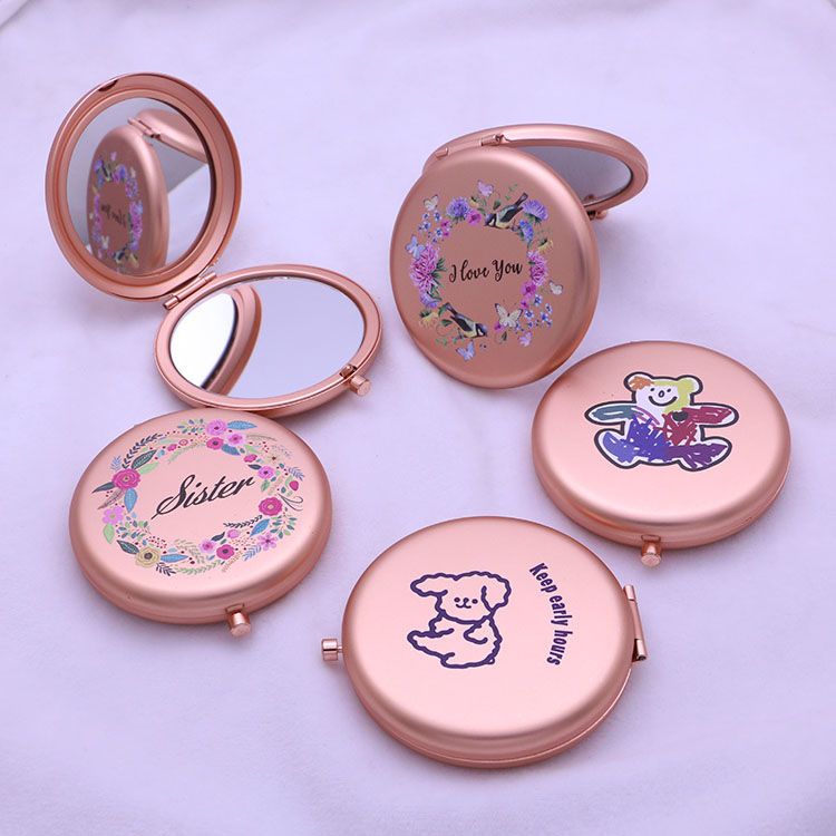 New Metal Folding Mirror Portable Double-Sided Cosmetic Mirror Printing Pattern Flip Cute Little Mirror