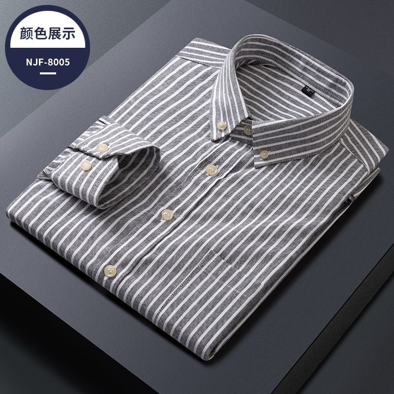 men‘s spring and autumn vertical striped long-sleeved shirt men‘s middle-aged oxford loose casual pocket pure color ironing free shirt