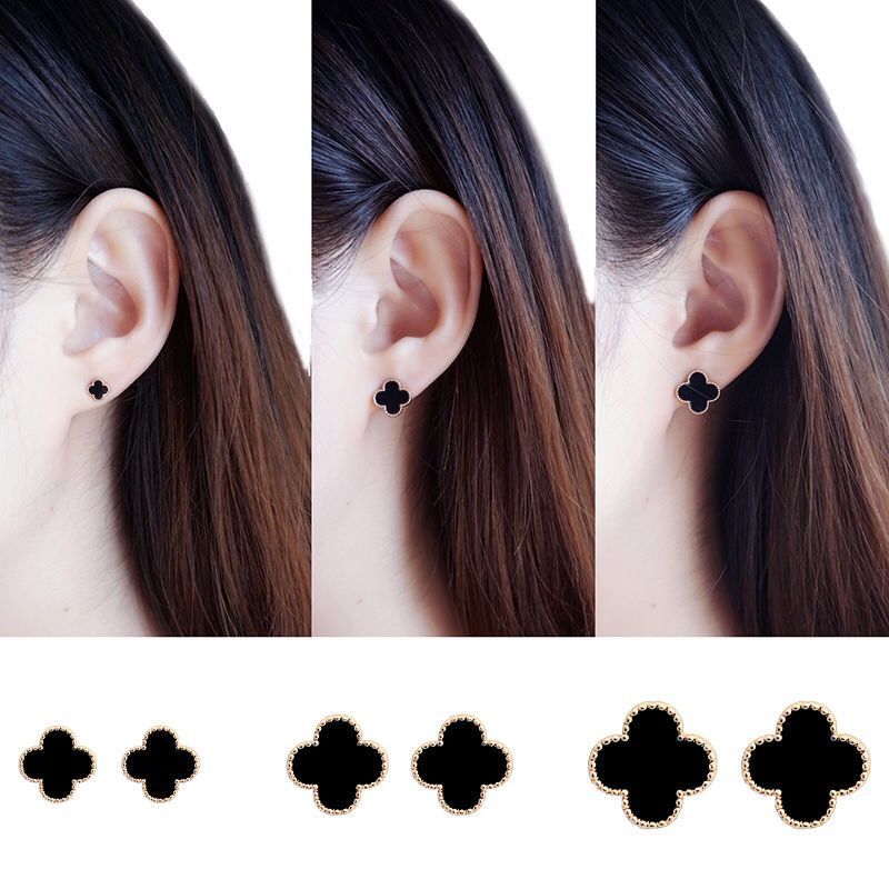 Korean Elegance, Fashion, Simplicity All-Match Anti-Allergy Four Leaf Clover Ear Stud Women's 925 Sterling Silver Black Mini Small Earrings