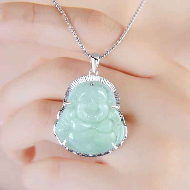 Ice-like Natural Emerald Silver Embeded Jade Buddha Pendant Women's 925 Sterling Silver Necklace Amitreya Smiling Face Buddha