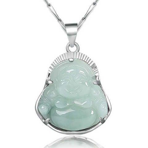 Ice-like Natural Emerald Silver Embeded Jade Buddha Pendant Women's 925 Sterling Silver Necklace Amitreya Smiling Face Buddha