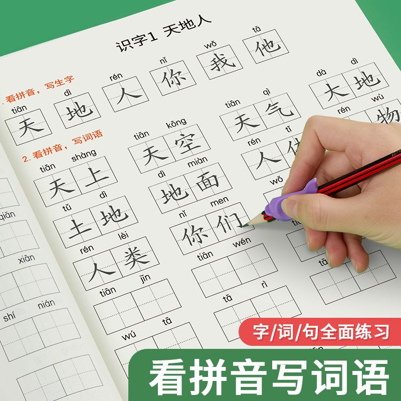 First Grade Reading Pinyin Writing Words Volume 1 Volume 2 Calligraphy Practice Board Synchronous Chinese People's Education Edition Practice Note Children's Tracing