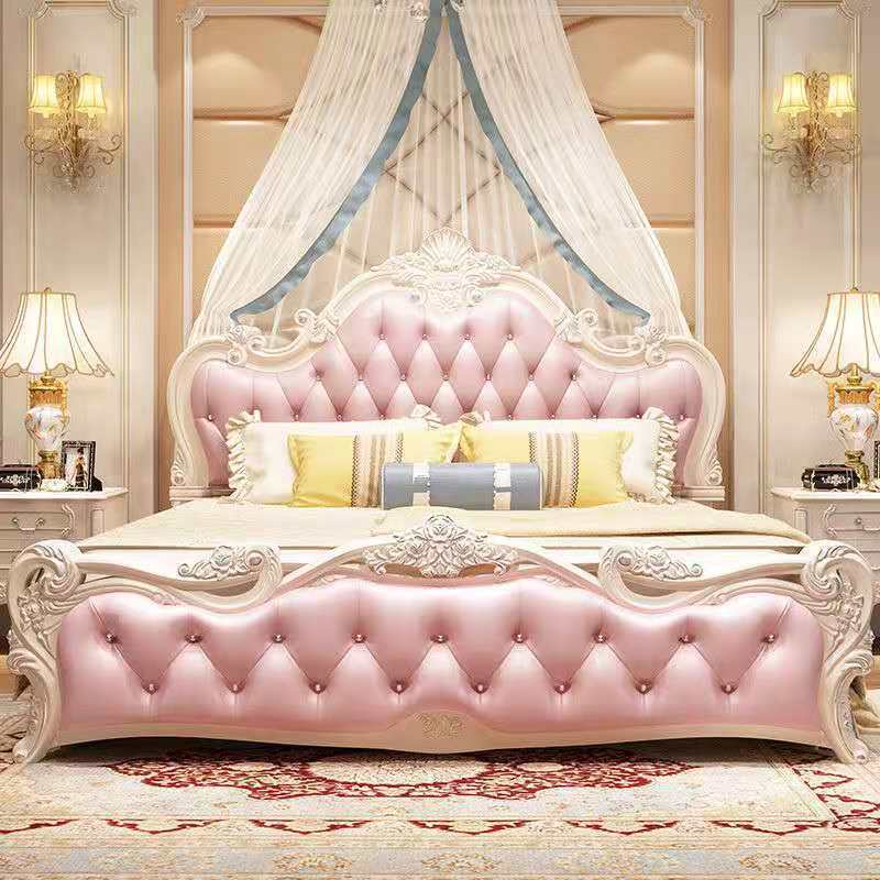 european bed solid wood double bed master bedroom marriage bed modern minimalist children‘s pink girl leather bed furniture