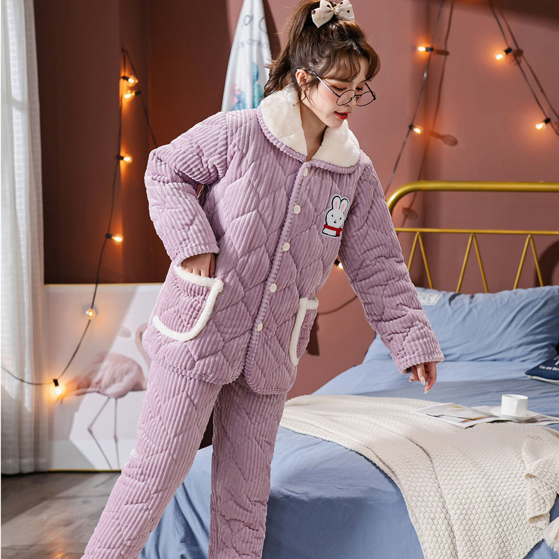 three-layer quilted thickened pajamas winter coral fleece home cotton-padded clothes extra thick fleece-lined women‘s flannel home pajamas