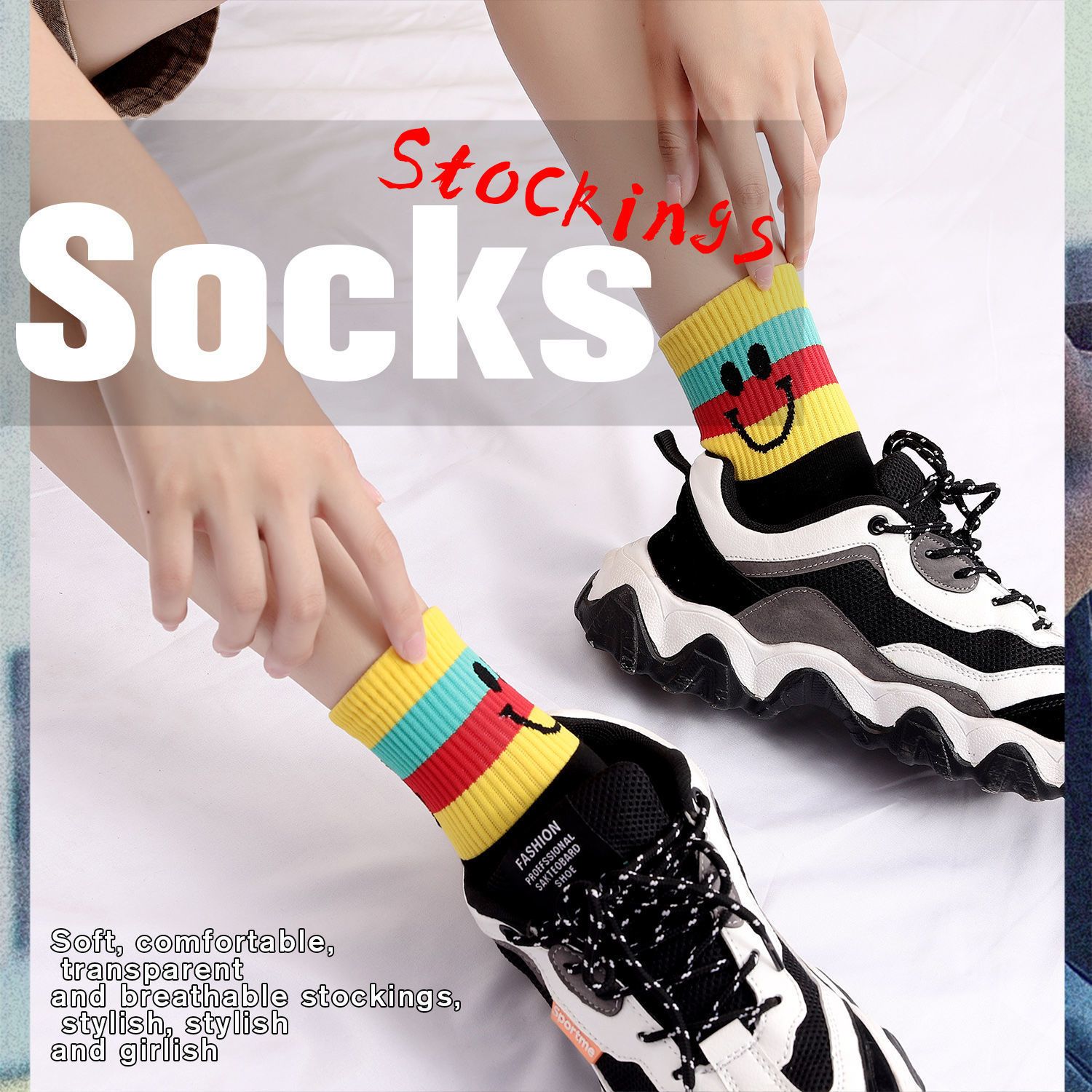 Rainbow Socks for Women Ins Fashionable All-Matching Internet Celebrity Colorful Stripe College Style Adult Autumn and Winter Cotton Mid-Calf Socks