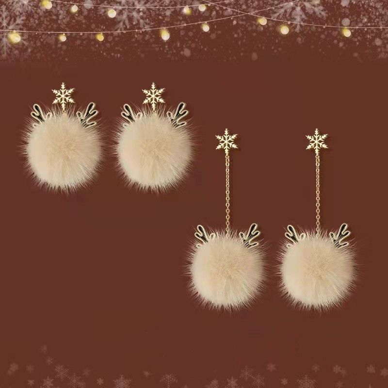 Autumn and Winter New Earrings Sterling Silver Needle Mink Pompons Stud Earrings Furry Spring Festival Earrings Snowflake Antlers Earrings
