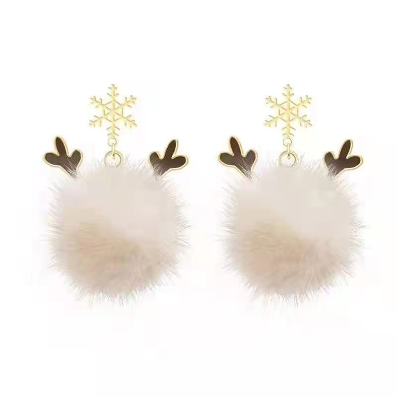 Autumn and Winter New Earrings Sterling Silver Needle Mink Pompons Stud Earrings Furry Spring Festival Earrings Snowflake Antlers Earrings