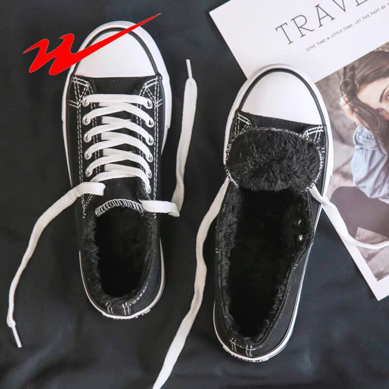 double star eight special fleece-lined canvas shoes female students korean style versatile autumn and winter new ins board shoes thickening thermal cotton shoes