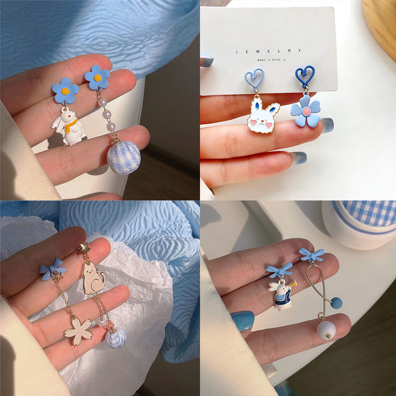 japanese and korean girls cute blue flower stud earrings female temperament asymmetric rabbit ear clip non-pierced earrings ear jewelry