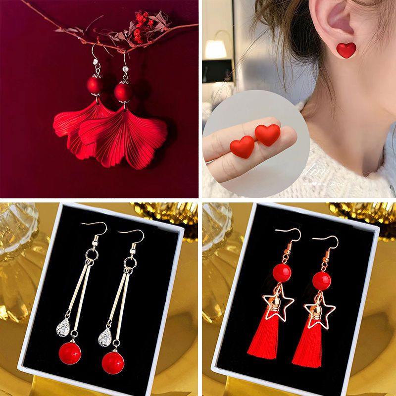 Red Frosted Pearl Earrings Bridal Festive Flower Earrings Birth Year Earrings New Red Beads Ear Hanging Earrings