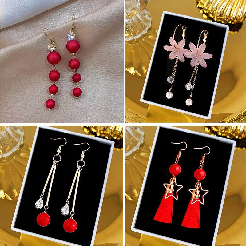 Red Frosted Pearl Earrings Bridal Festive Flower Earrings Birth Year Earrings New Red Beads Ear Hanging Earrings