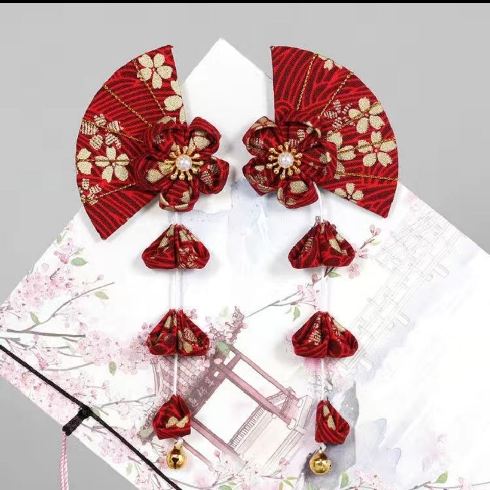 japanese style hair accessories kimono headdress for han chinese clothing tassel cherry blossom barrettes ancient costume fan-shaped performance photo national fashion barrettes