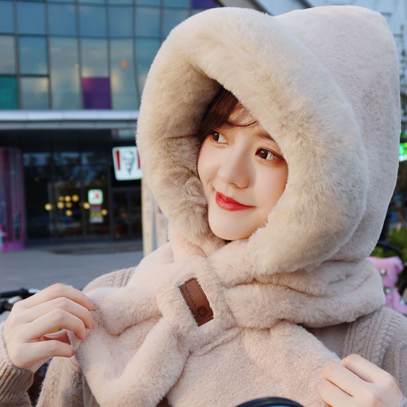 hat scarf integrated women‘s autumn and winter 2024 new cute plush cold-proof hooded ear protection korean all-match warm