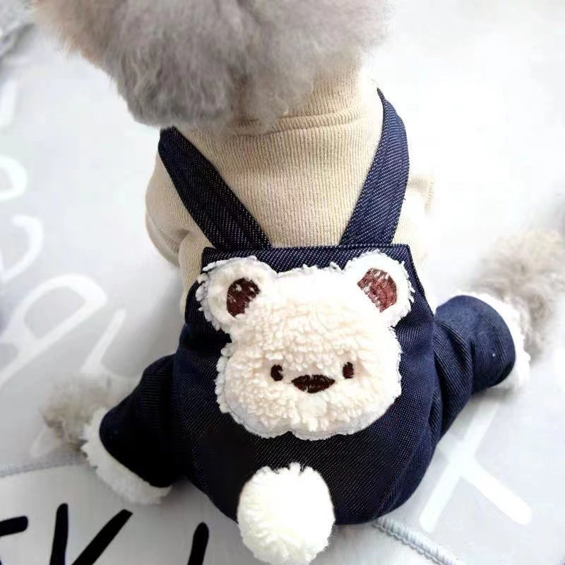 pet bichon pomeranian poodle poodle dog clothes autumn and winter clothing winter clothing cotton coat four-legged pet clothing imitation denim strap