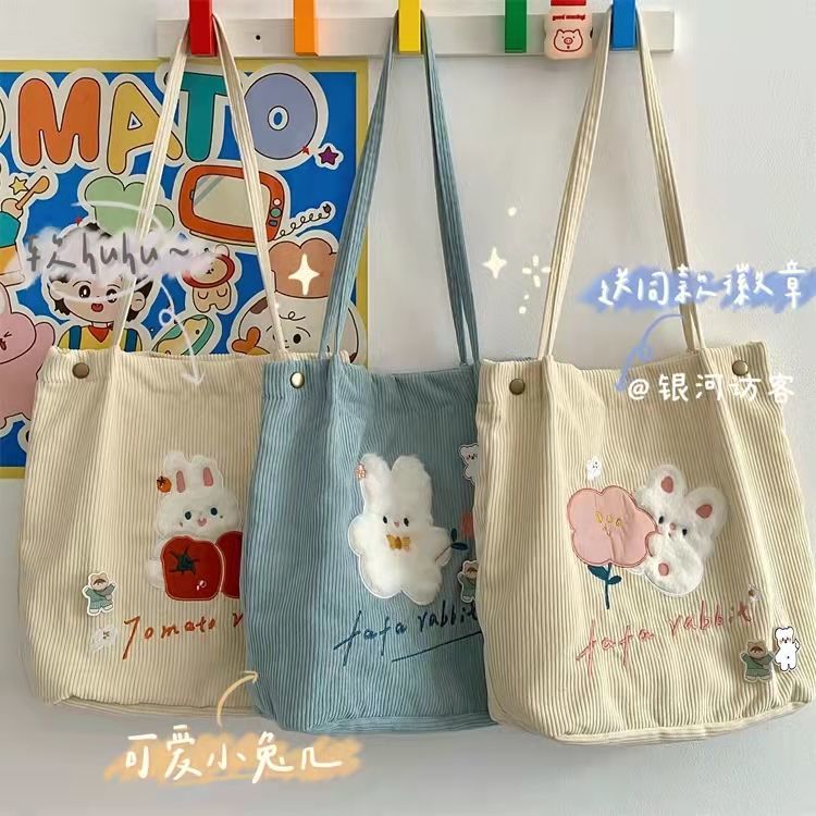 japanese and korean ins autumn winter retro shoulder bag chic mori style cartoon soft girl bag female student corduroy shopping bag