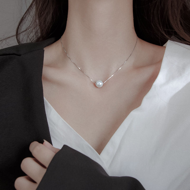 S925 Sterling Silver Necklace Female Mother Shell Pearl Single Pendant Special-Interest Design Sweet Short Korean Style Clavicle Chain