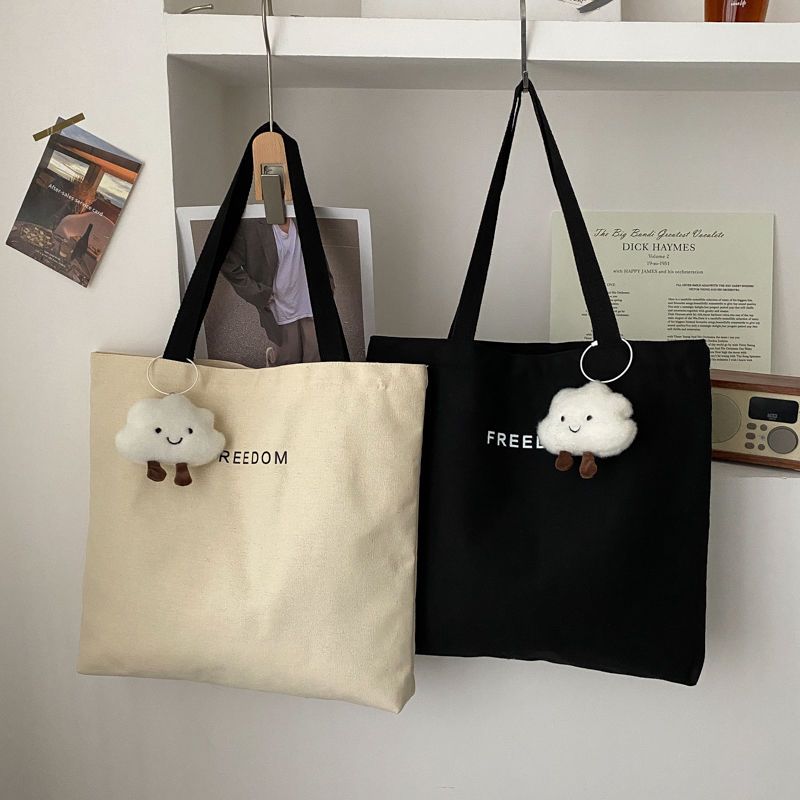 2021 letter canvas bag women‘s shoulder simple korean style artistic tote bag large capacity student class tuition bag