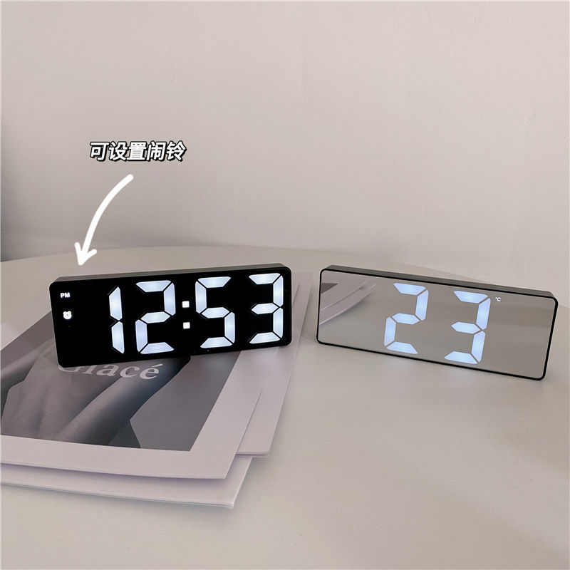 japanese style simple black and white mirror led voice-activated alarm clock dormitory bedside desktop digital clock temperature calendar electronic clock