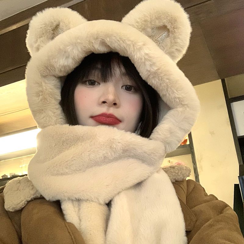 scarf scarf female student korean cute hat female winter winter bear hat scarf integrated cold-proof warm