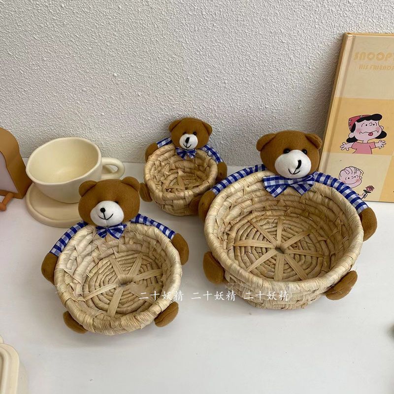 Desktop Cosmetics Bear Storage Box Sundries Basket Living Room Storage Basket Ins Wind Rattan Woven Basket Storage Basket 