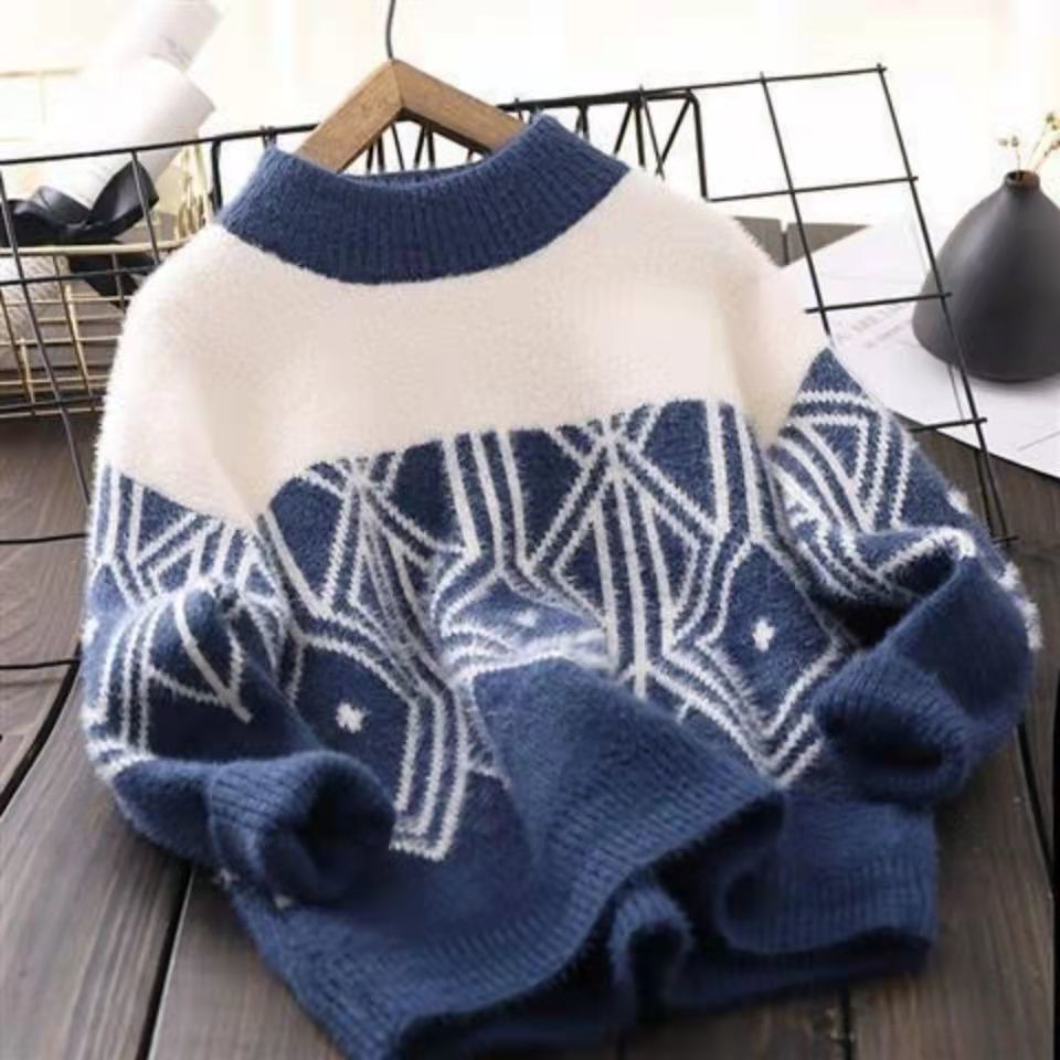 thickened boys‘ mink sweater all-matching sweater 2024 new autumn and winter middle and big children children‘s pullover bottoming shirt