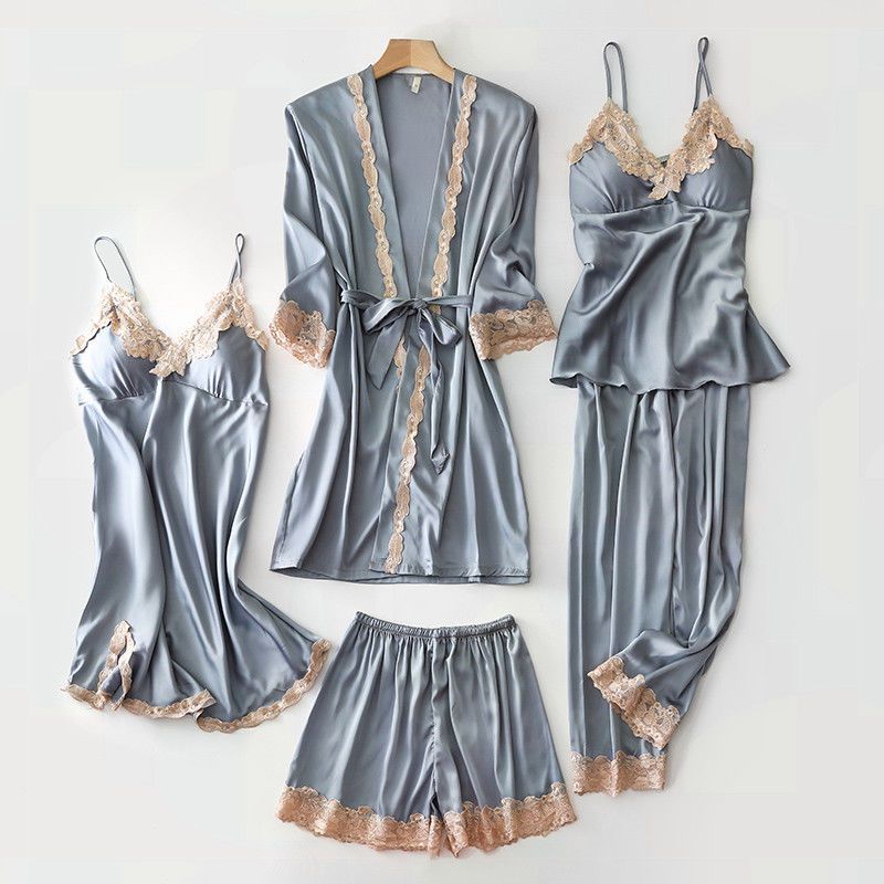 summer and autumn pajamas women‘s sexy five-piece set ice thin silk plus size long sleeve nightgown nightdress spaghetti-strap padded can be worn outside