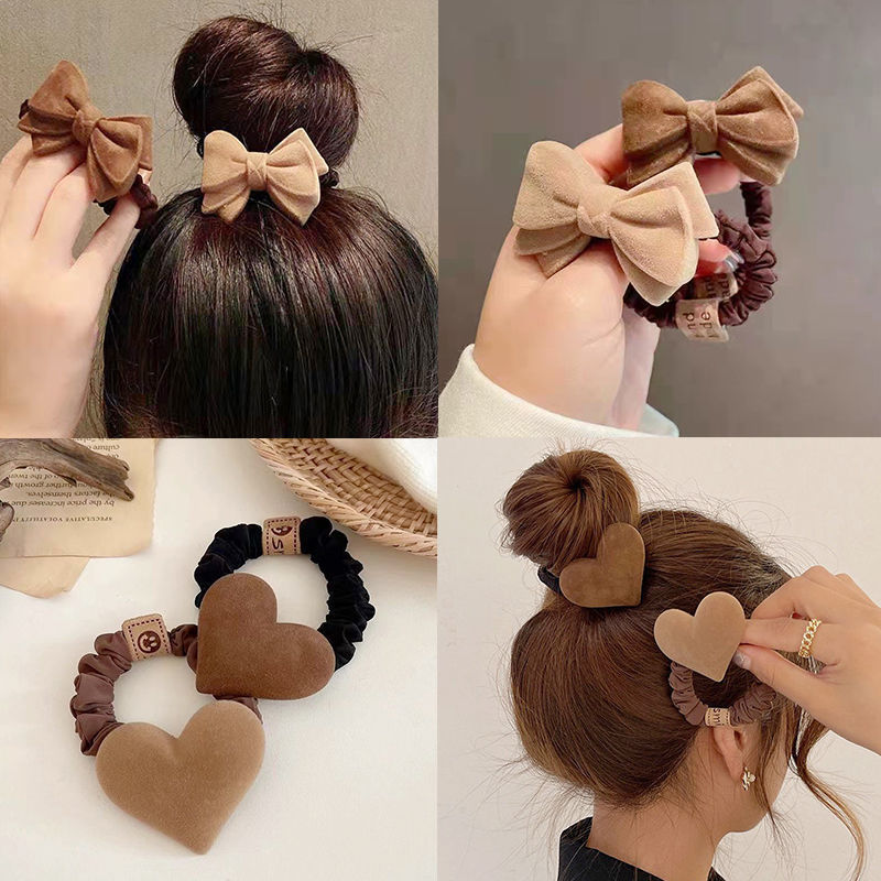 plush new bowknot hair ring korean style headband women‘s headdress rubber band leather cover style good-looking ponytail female hair accessories