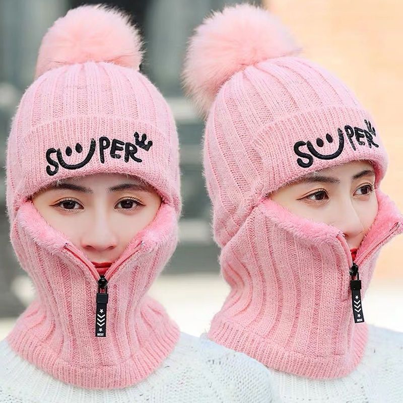 hat scarf integrated female winter korean style fleece-lined knitted earflaps wool keep warm windproof cycling scarf sleeve cap