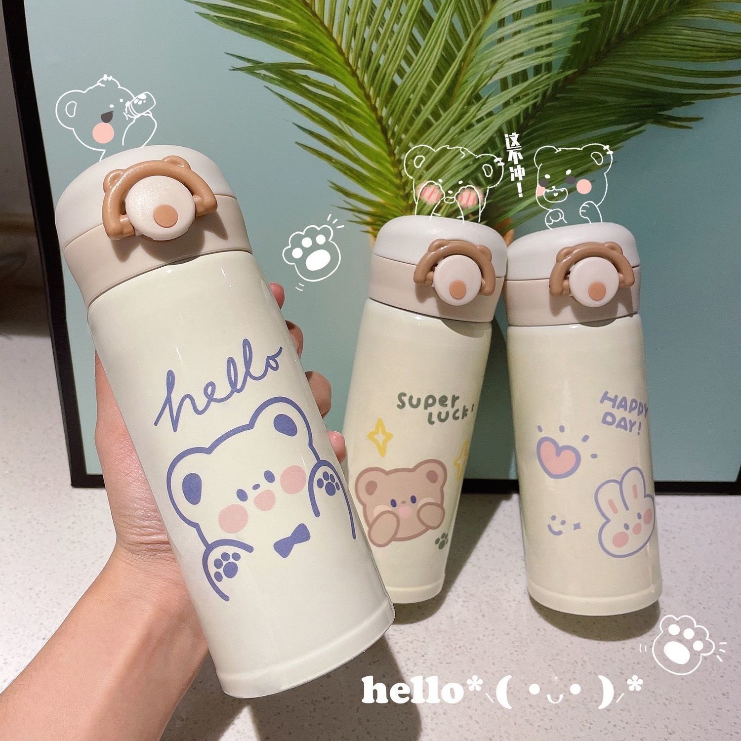 cute cartoon sticker water cup female korean simple good-looking thermos cup large capacity portable anti-fall children cup