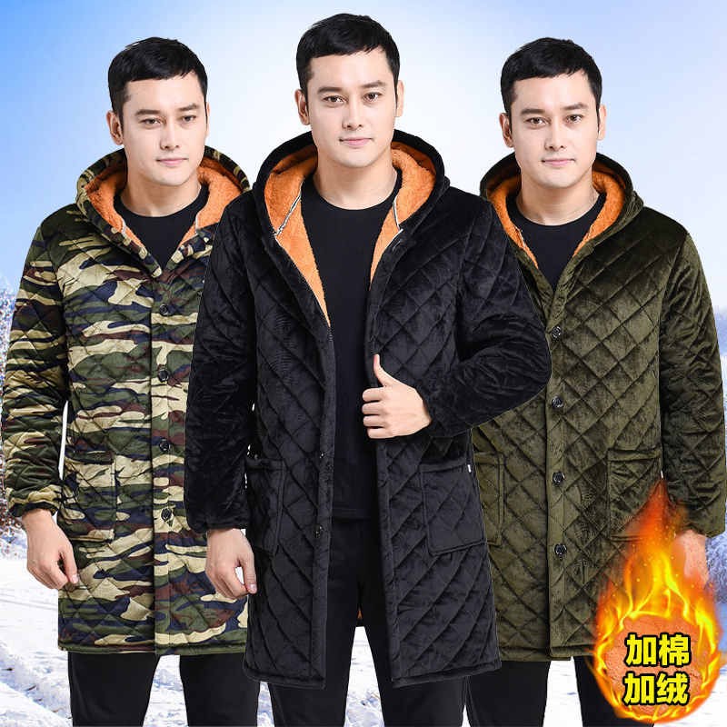 men‘s overclothes winter mid-length hooded jacket fleece-lined thick work clothes quilted casual warm cotton-padded coat unlined long gown