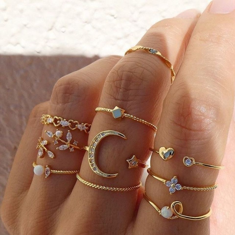 europe and america cross border model ring set 10 pack moon xingx leaves heart shape rhinestone knuckle ring suit