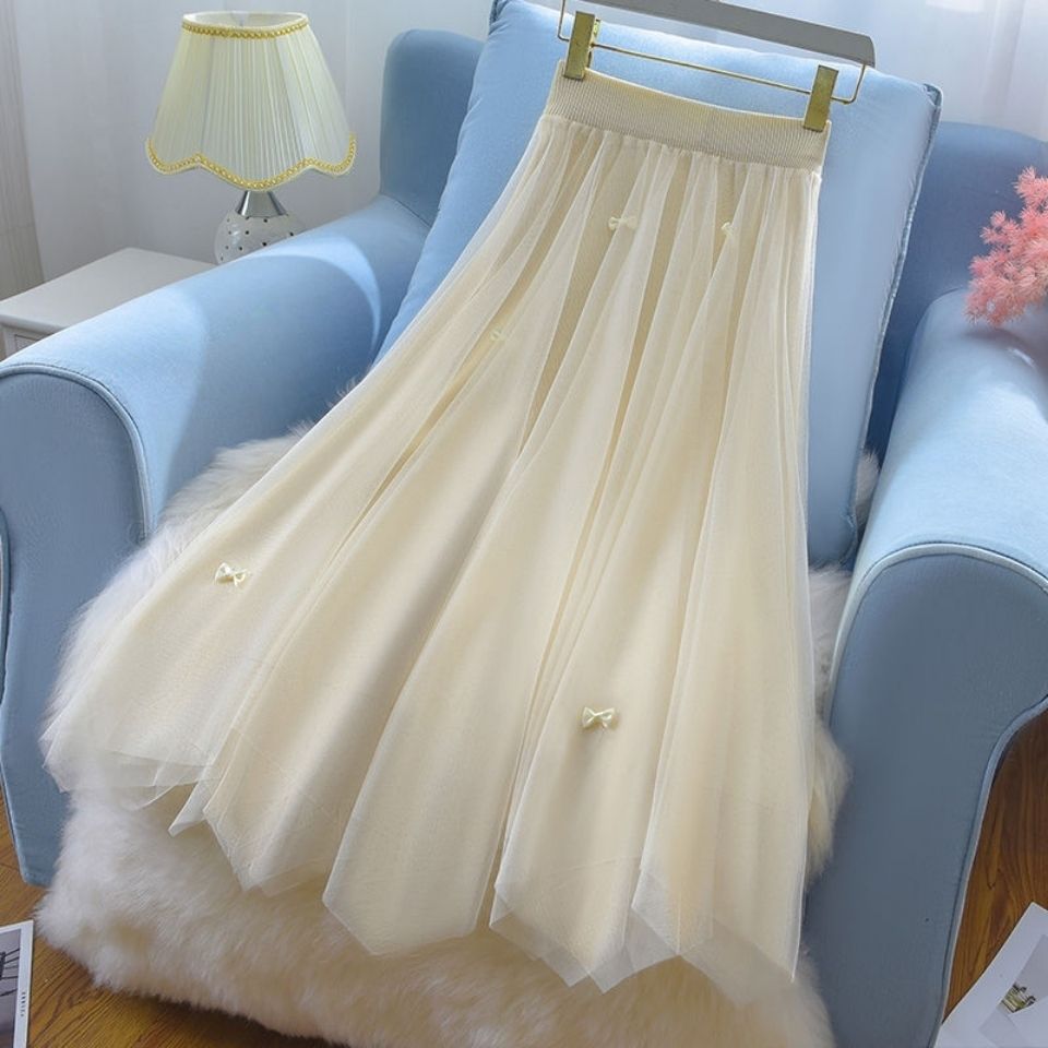 [fleece-lined/not fleece-lined high waist mid-length irregular mesh pleated a- line umbrella skirt skirt female temperament slimming